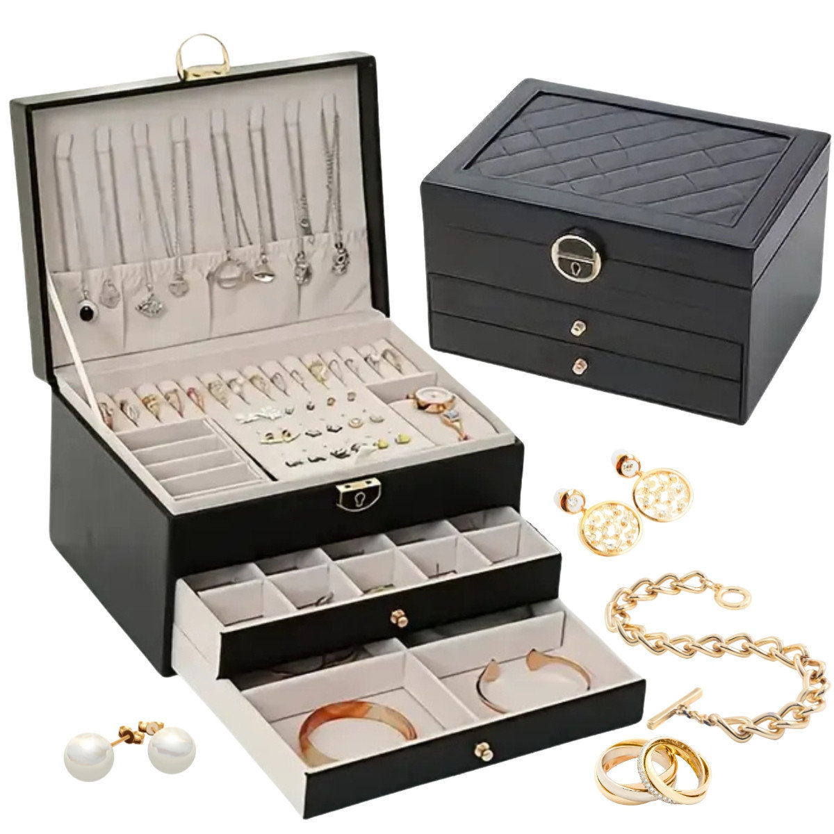 Szkatułka na biżuterię czarna organizer z szufladkami 3 poziomy 23x17x13,5 cm skóra eco