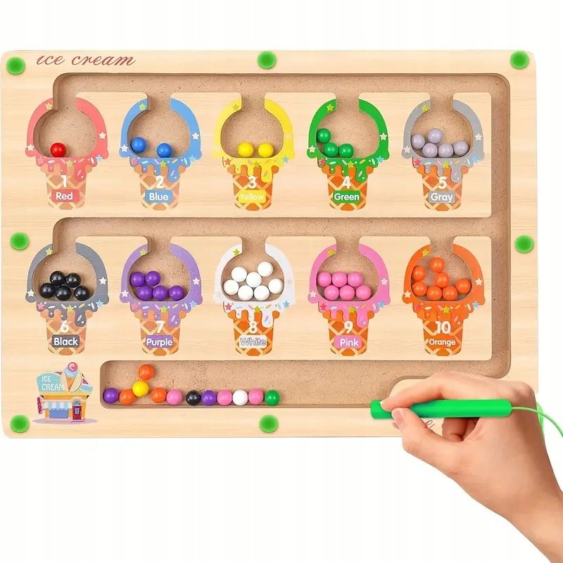DREWNIANY LABIRYNT MAGNETYCZNY MONTESSORI NAUKA KOLORÓW I LICZENIA LODY XL