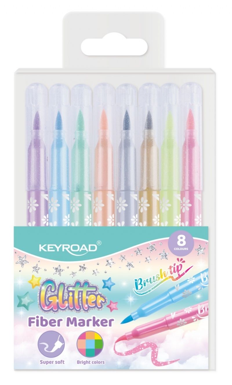 Keyroad Fiber Marker Glitter brokatowe 8 kolorów pastelowych