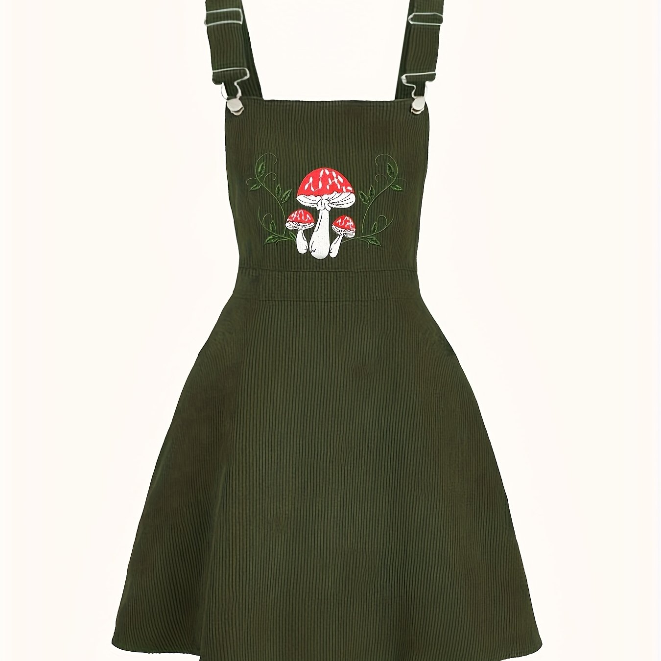 TEMU Elektryczna Czarna Sukienka Bez Rękawów z Czerwonymi Grzybami i Zieloną Haftowaną Liściem - Regulowane Ramiączka, Możliwość Prania w Pralce, Od