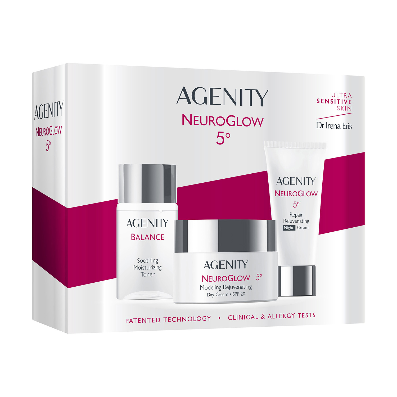 Zestaw Agenity 5° NeuroGlow, krem na dzień , SPF 20, 50 ml + krem na noc, 25 ml + Balance, tonik nawilżający, 50 ml