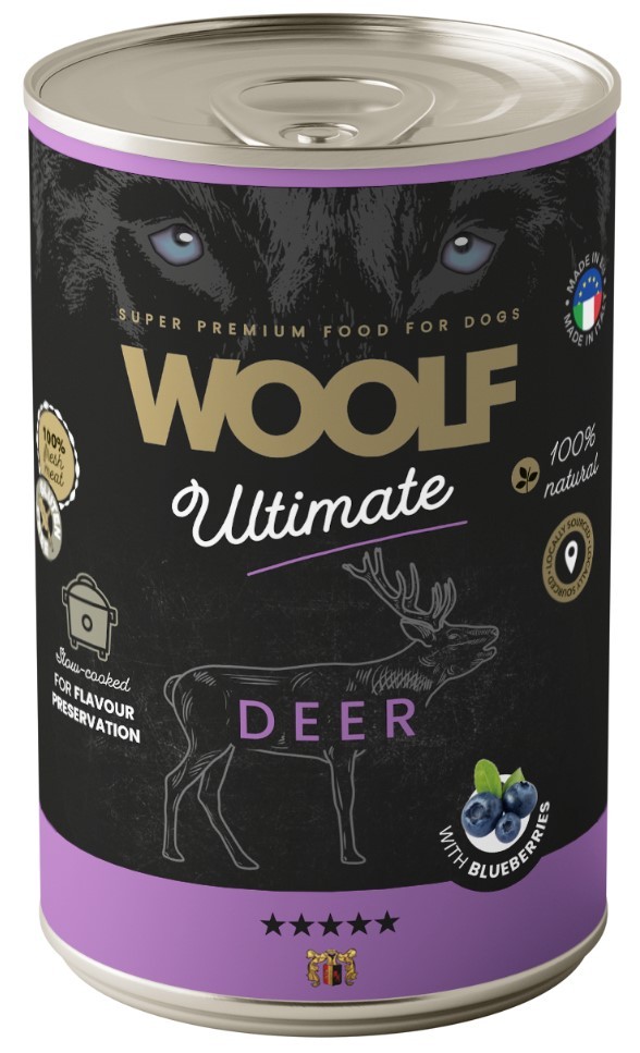 WOOLF Ultimate Dog Can Deer and Blueberries - jeleń z jagodami 400g