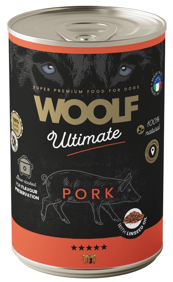 WOOLF Ultimate Dog Can Pork and Linseed Oil - wieprzowina z olejem lnianym 400g