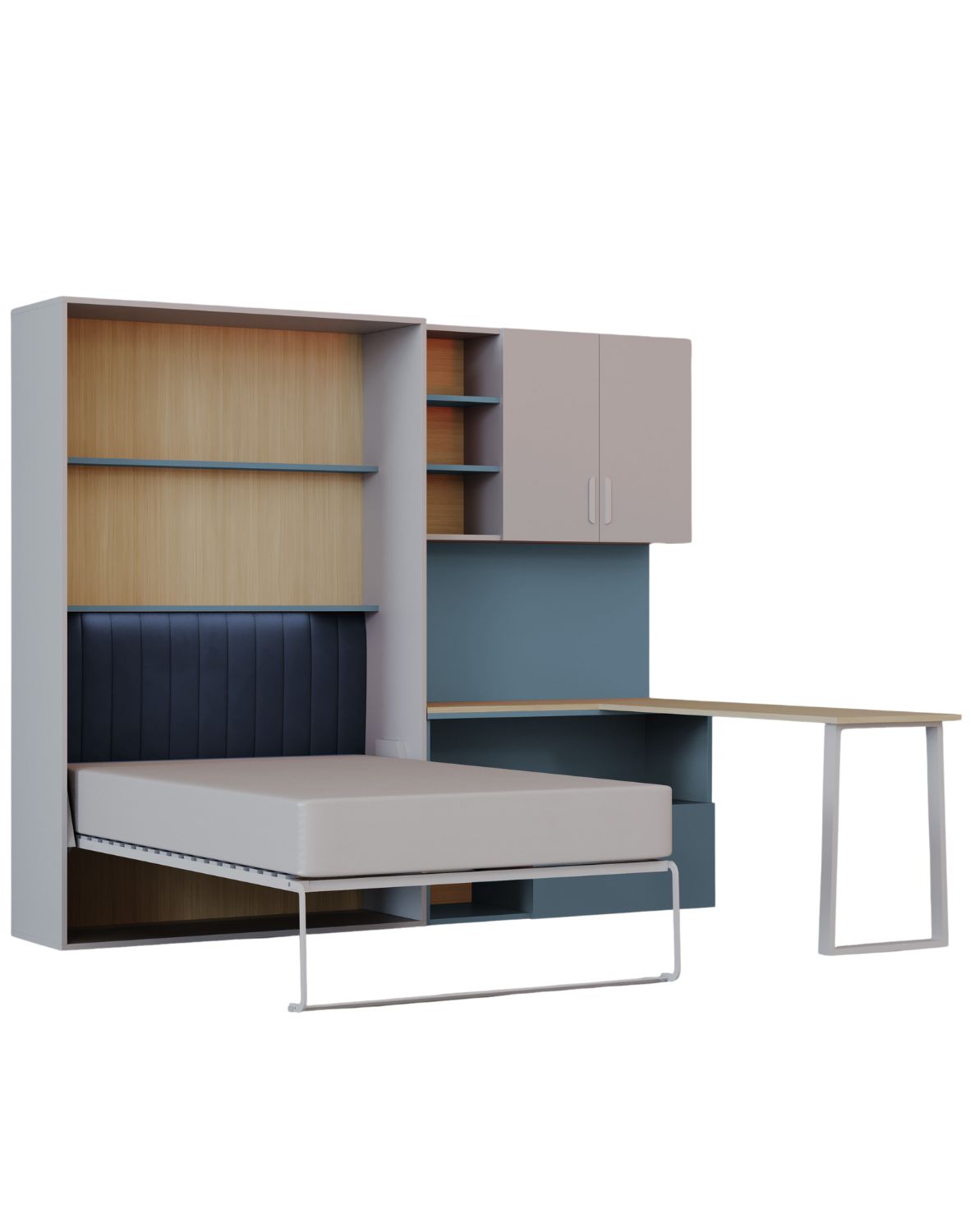 Flexi Bed Lumi – półkotapczan z biurkiem kaszmir i niebieski mglisty