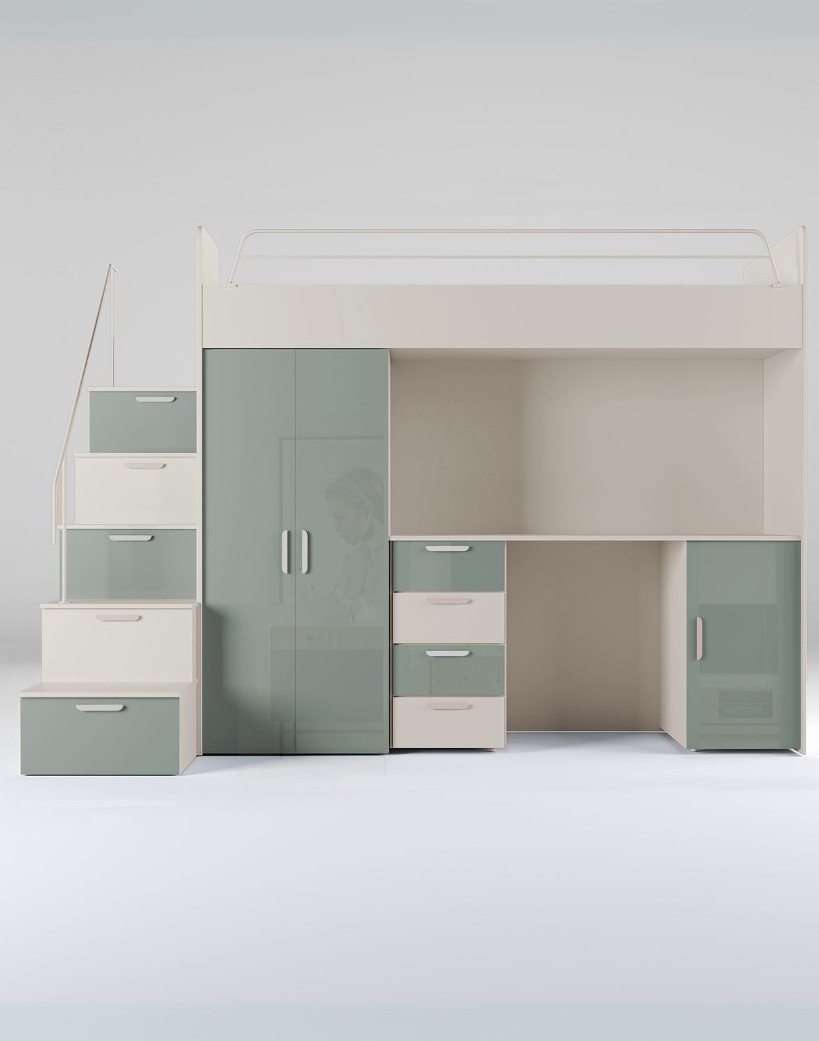 Meblościanka Raj 4 kaszmir połysk - pokój dziecięcy, młodzieżowy z materacem i stelażem kaszmir + zielony