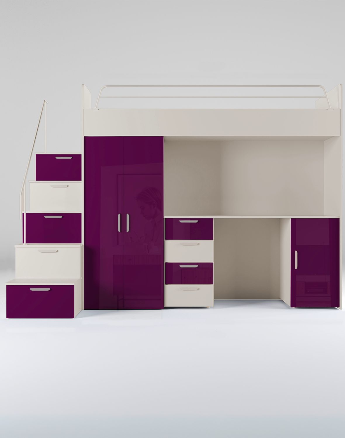 Meblościanka Raj 4 kaszmir połysk - pokój dziecięcy, młodzieżowy z materacem i stelażem kaszmir + fiolet