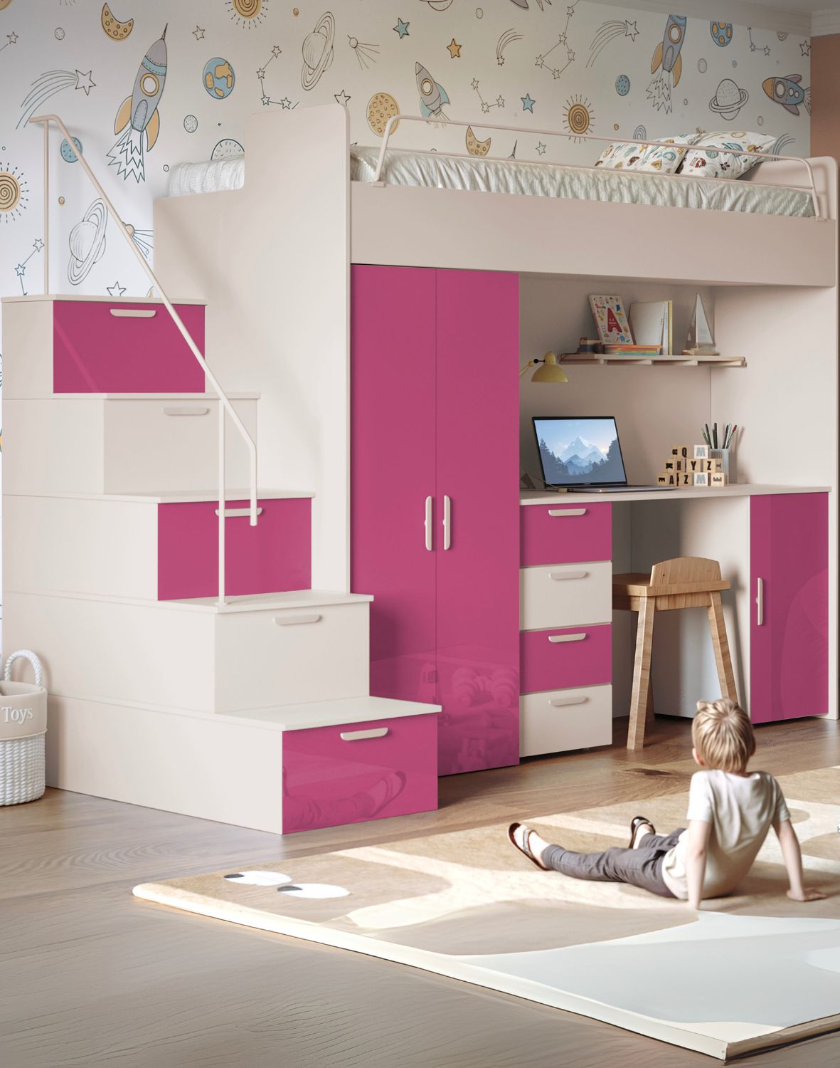 Meblościanka Raj 4 kaszmir połysk - pokój dziecięcy, młodzieżowy z materacem i stelażem kaszmir + róż