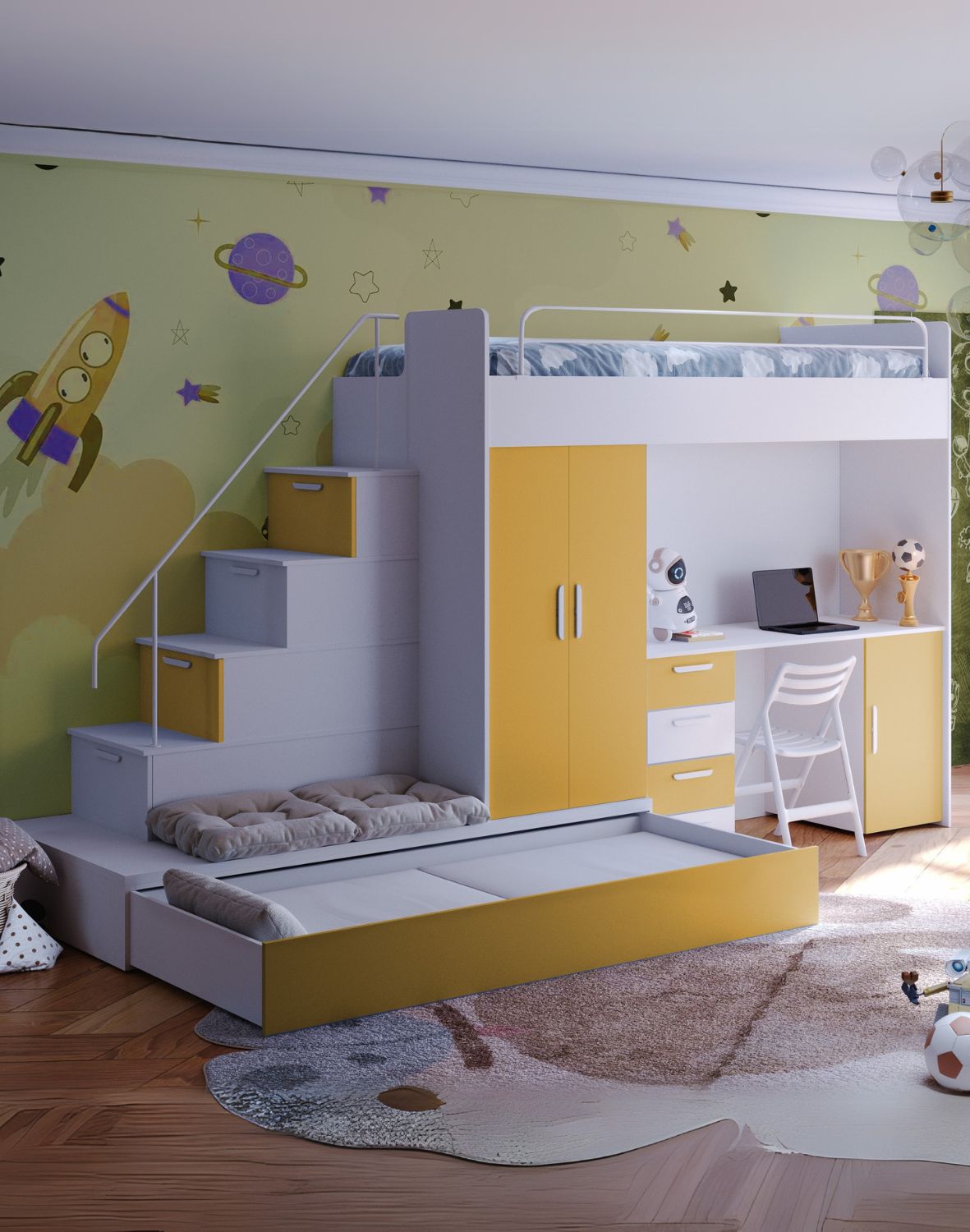 Meblościanka Raj 4 - pokój dziecięcy, młodzieżowy z materacem i stelażem żółty curry