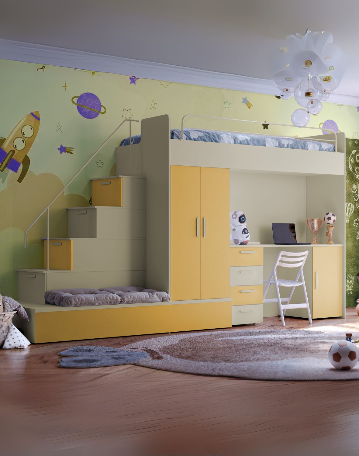 Meblościanka Raj 5 kaszmir - pokój dziecięcy, młodzieżowy z materacem i stelażem żółty curry