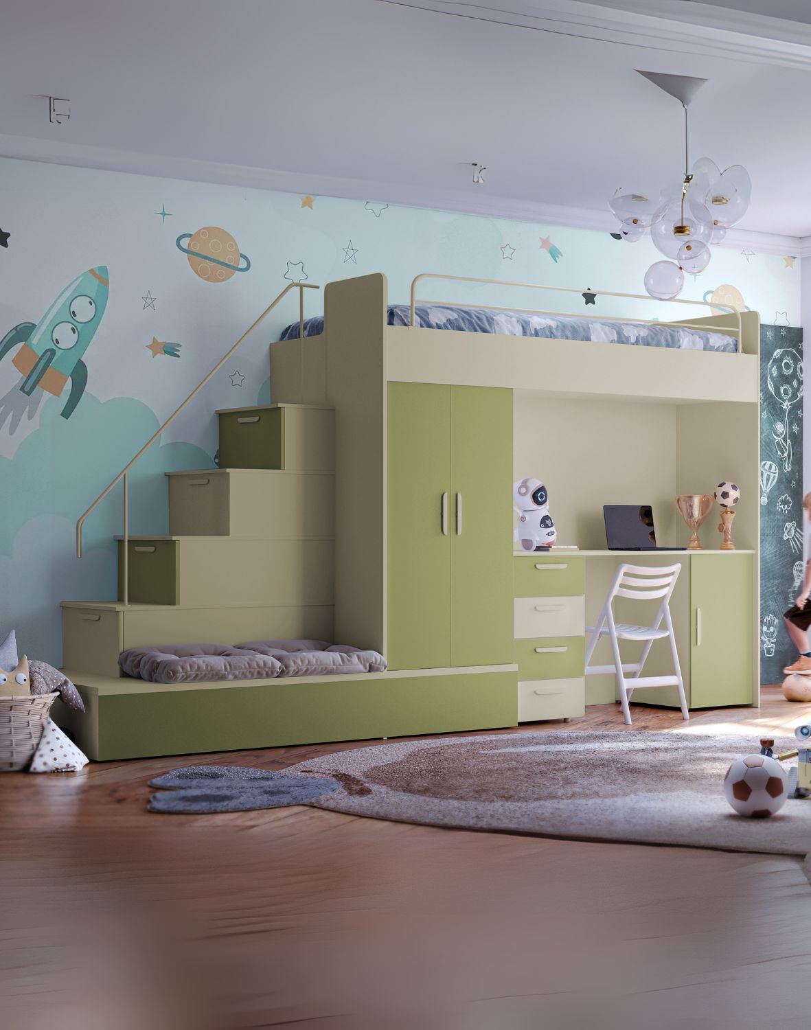 Meblościanka Raj 5 kaszmir - pokój dziecięcy, młodzieżowy z materacem i stelażem zielony oliwka