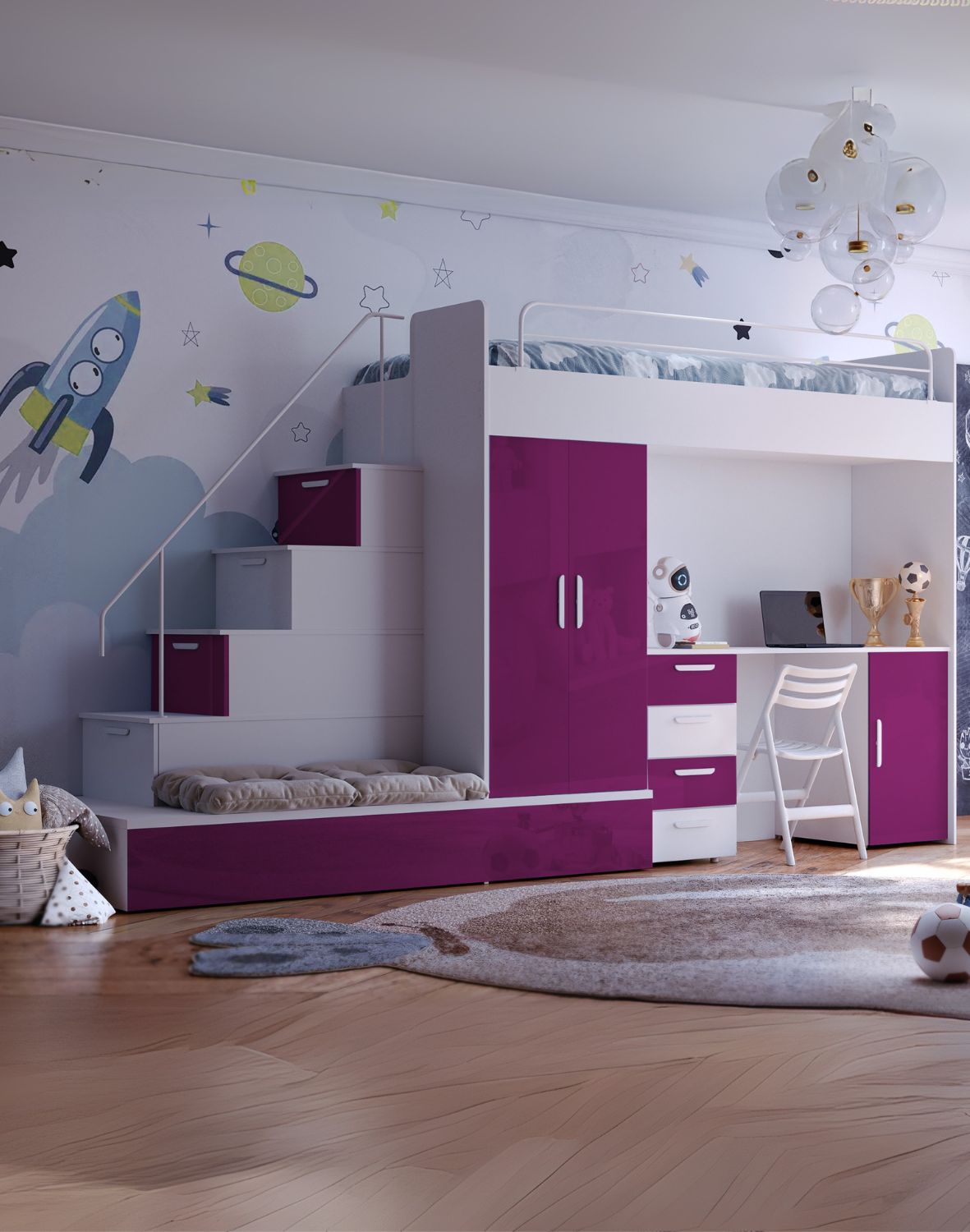 Meblościanka Raj 5 połysk - pokój dziecięcy, młodzieżowy z materacem i stelażem fiolet