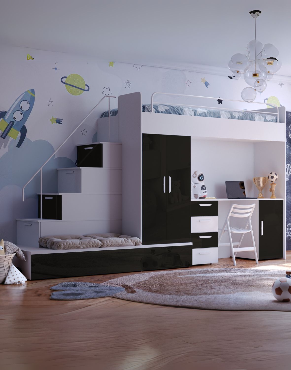 Meblościanka Raj 5 połysk - pokój dziecięcy, młodzieżowy z materacem i stelażem czarny