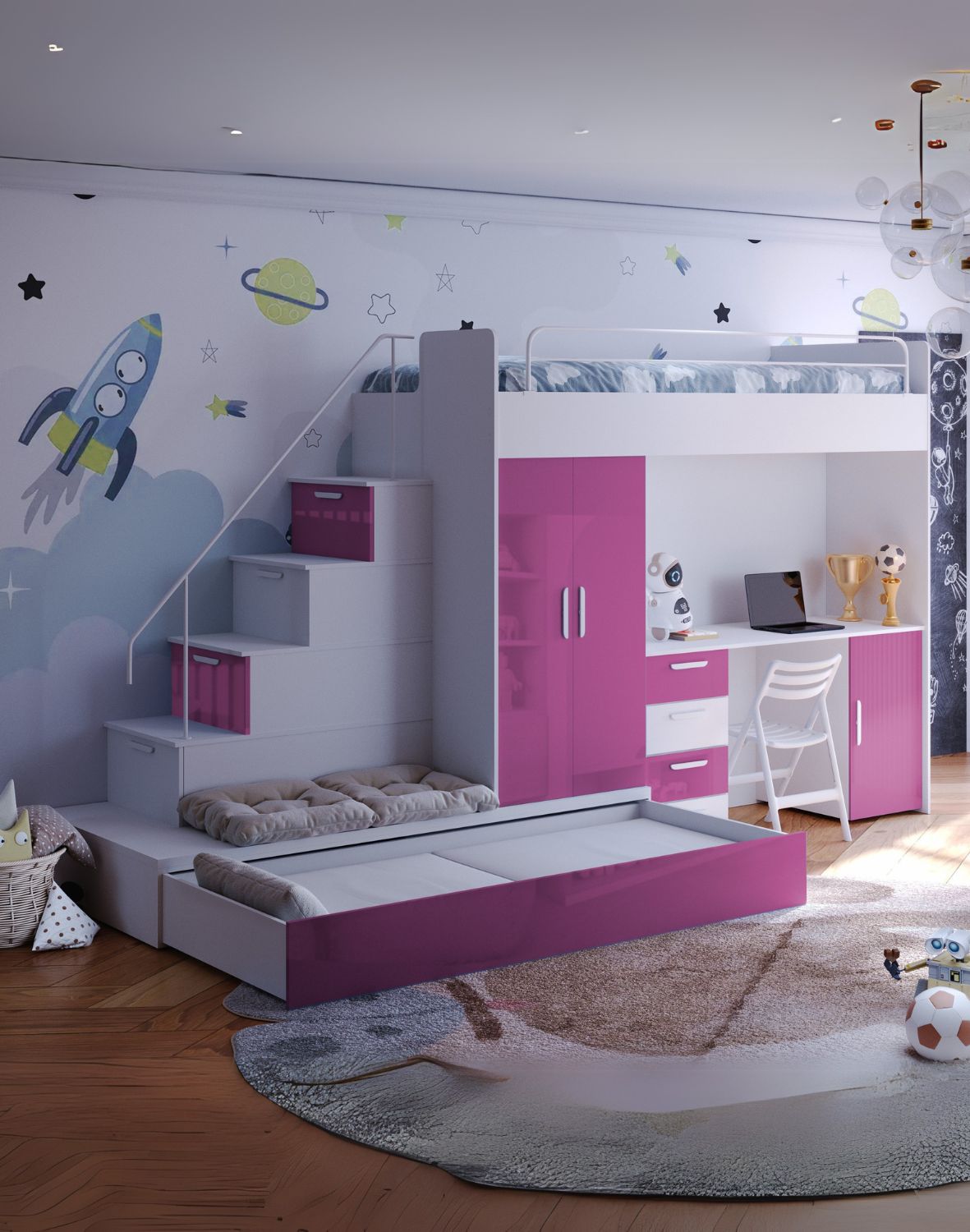 Meblościanka Raj 5 połysk - pokój dziecięcy, młodzieżowy z materacem i stelażem róż