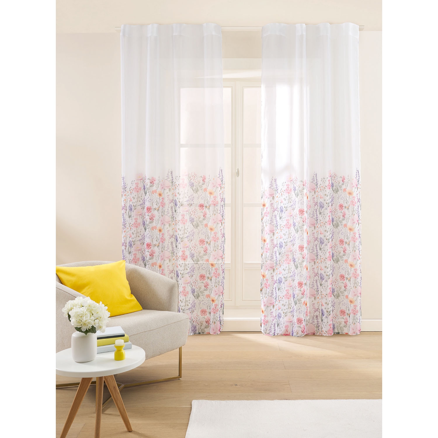 Firany na taśmie 137 x 250 cm Smukee Home, 2 szt., z nadrukiem, kwiaty