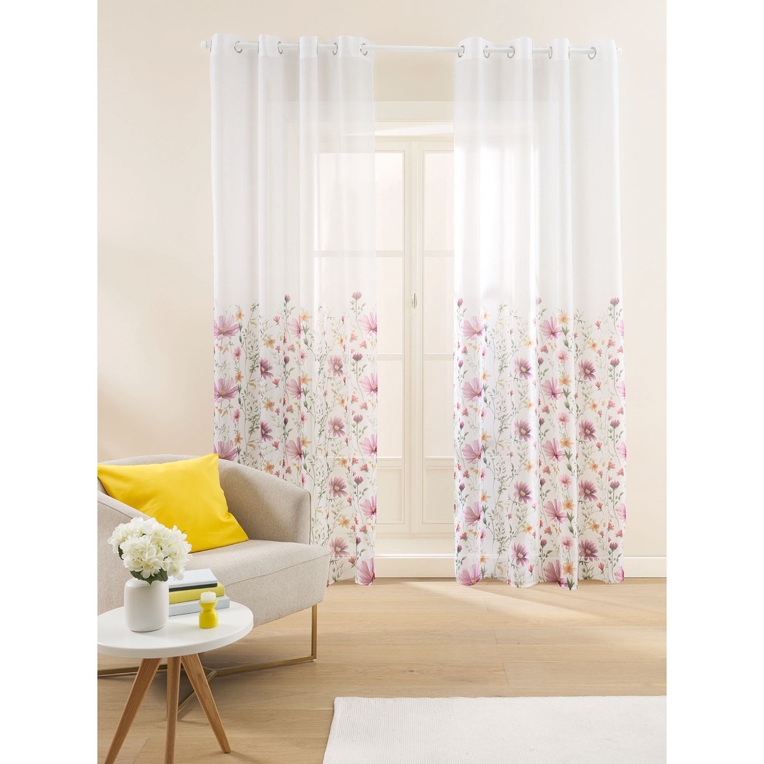 Firany na przelotkach 137 x 250 cm Smukee Home, 2 szt., z nadrukiem, różowe kwiaty