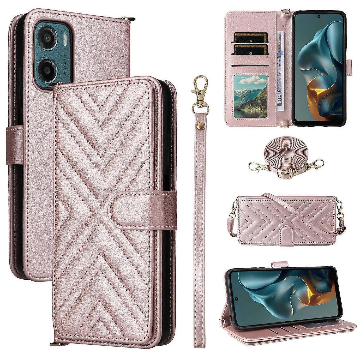 Dla Motorola Moto G05 4G E15 4G Etui z Portfelem Ze Skórzanym Paskiem Na Ramię Etui na Telefon - Różowe Wielobarwny Pink
