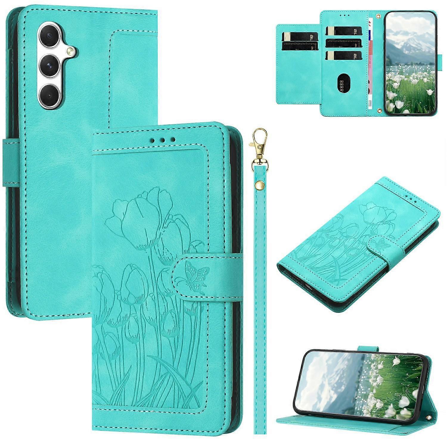 Dla Samsung Galaxy S24 FE Etui Tulipanowy Skórzany Pokrowiec na Telefon Z 5 Miejscami na Karty Portfel - Zielony Wielobarwny Green