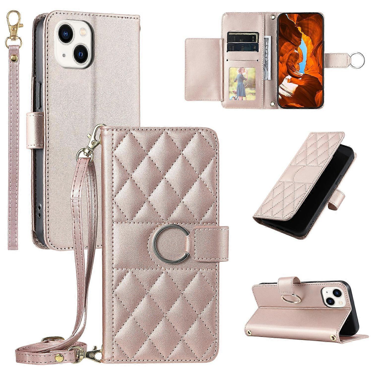Do iPhone'a 15 Crossbody Skórzane etui Pierścień Klamra Portfel Stojak Rhombus Mobile Cover Różowe złoto