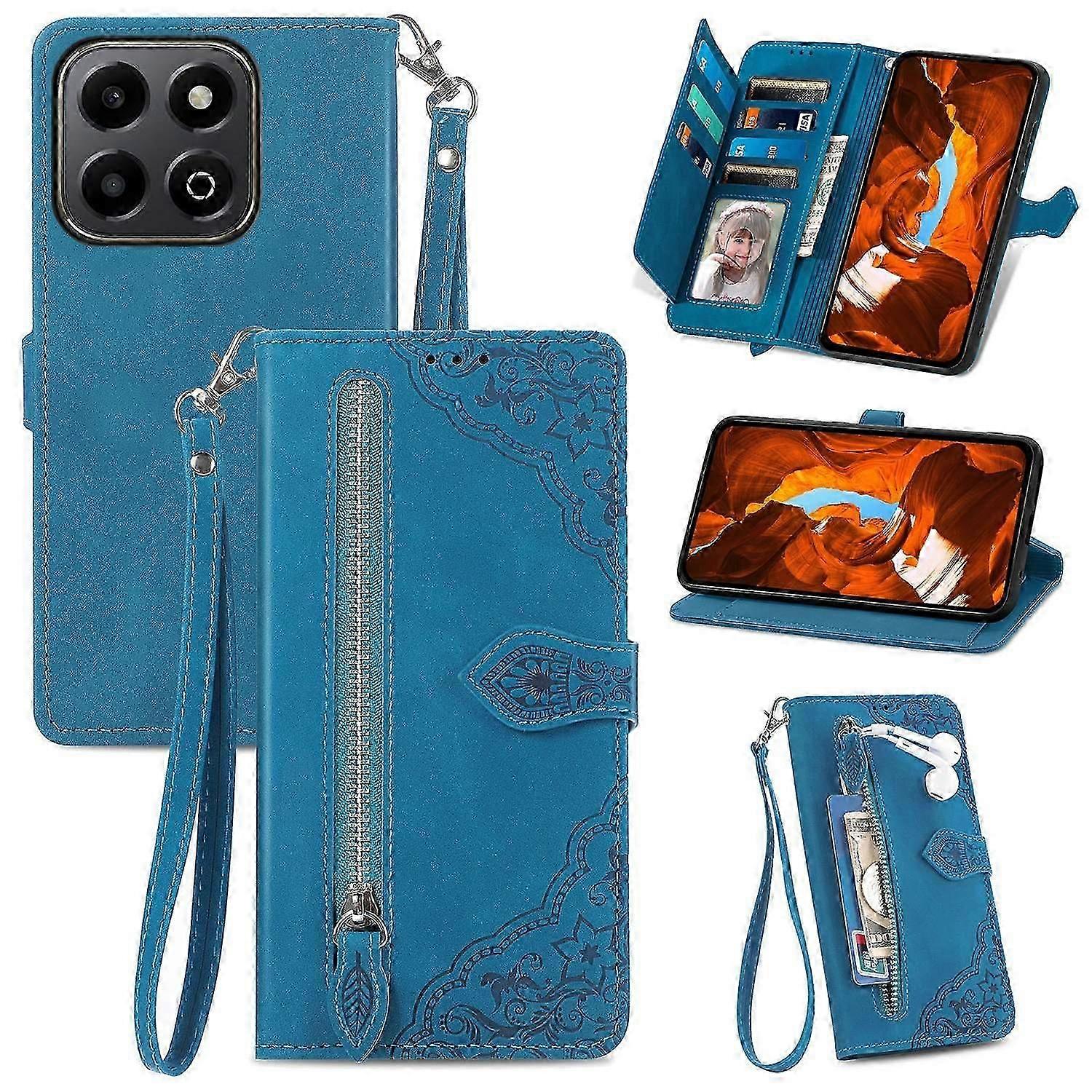 For Honor 200 Smart 5g X7c 4g Etui Zipper Portfel Pu Skóra Kwiat Nadruk Pokrowiec na telefon - Czerwony Niebieski