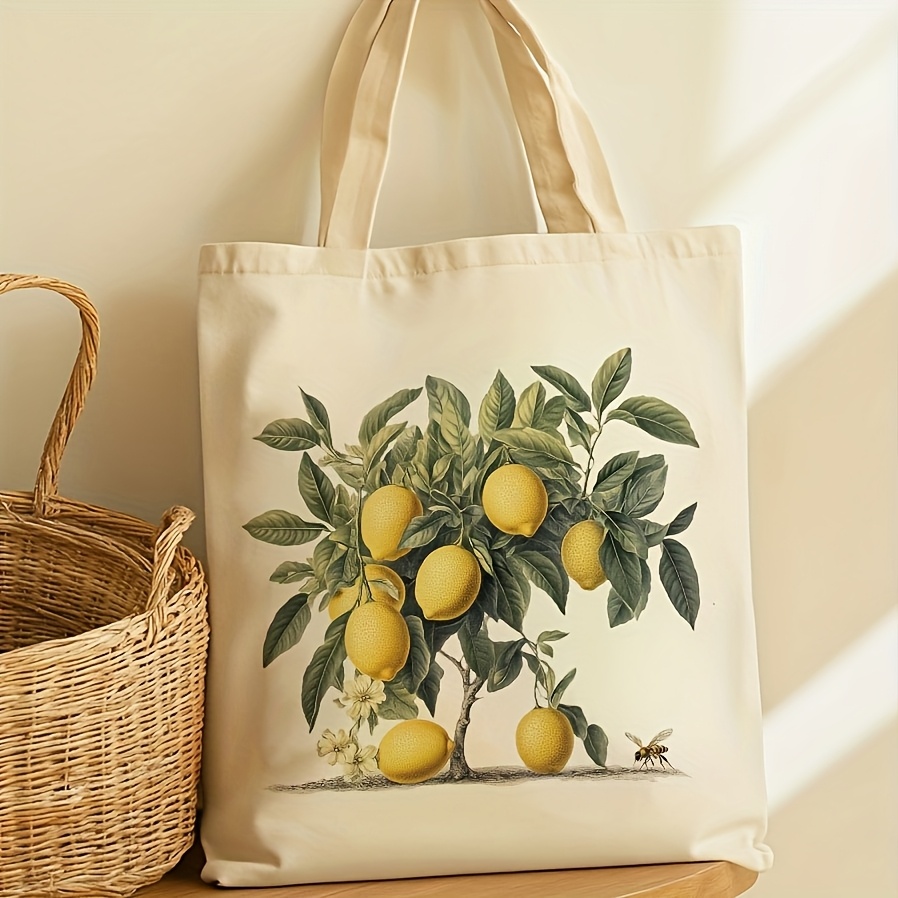 TEMU Stylowa torba z płótna w kształcie cytryny - trwała, wielokrotna torba na ramię z żywym wzorem owoców, idealna do zakupów, nauki i codziennego
