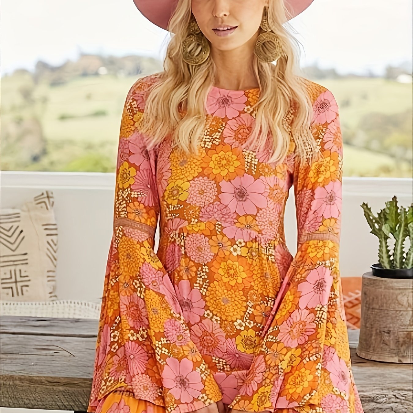 TEMU Retro Sukienka Hippie z Lat 70. . w Kwiatowy Wzór & Dzwonkowe Rękawy - A-Linia, Luźny Krój z Paskiem do Pasu, Średnio Elastyczna Tkanina na