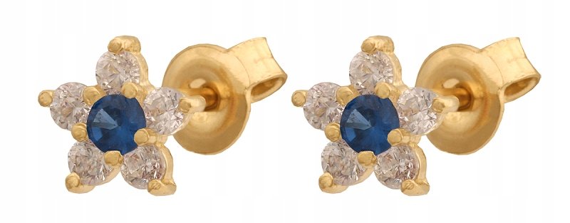 ZŁOTE Kolczyki 585 Kwiatek Cyrkonie Sztyft 1.50 g Rodium