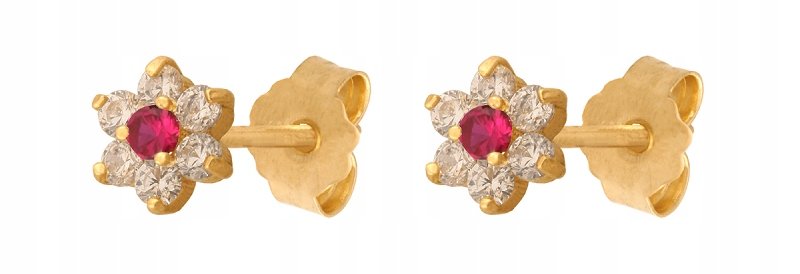 ZŁOTE Kolczyki 585 Kwiatek Cyrkonie Sztyft 1.20 g Rodium