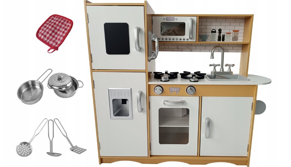 ZABAWKOWA KUCHENKA DLA DZIECI DREWNIANA KUCHNIA LED Z WYPOSAŻENIEM