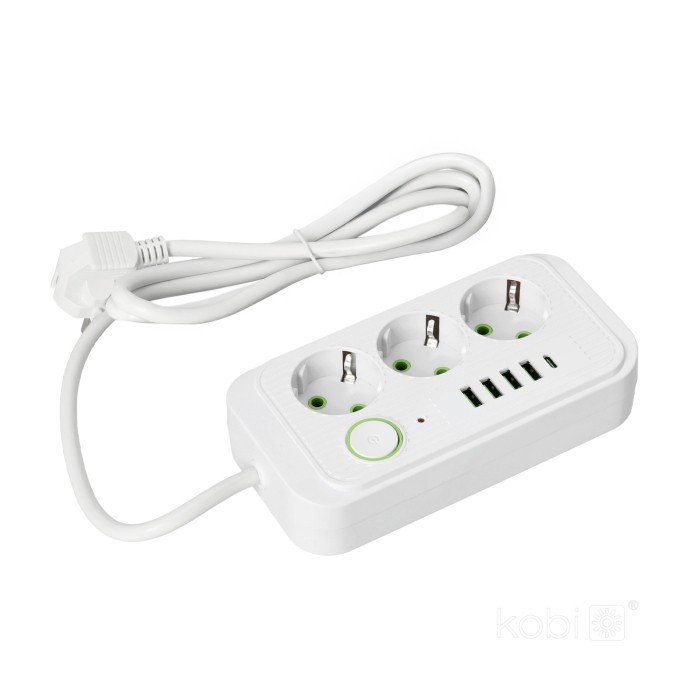 PRZEDŁUŻACZ ELEKTRYCZNY Z ŁADOWARKĄ 3 GNIAZDA 1.5M Z/U 3x1.5mm 2500W 10A WYŁĄCZNIK 5X USB BIAŁY KOBI 001922