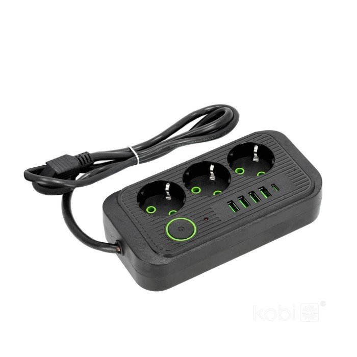 PRZEDŁUŻACZ ELEKTRYCZNY Z ŁADOWARKĄ 3 GNIAZDA 1.5M Z/U 3x1.5mm 2500W 10A WYŁĄCZNIK 5X USB CZARNY KOBI 001923