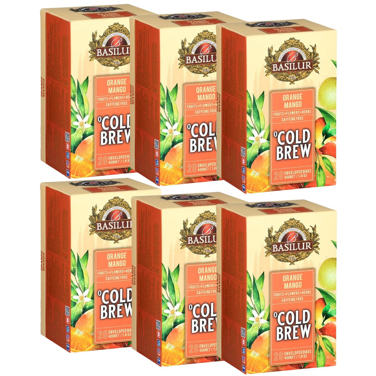 BASILUR Cold Brew - Owocowa herbata bezkofeinowa z aromatem mango i cytrusów, herbata na zimno w saszetkach 20 x 2 g 6 sztuk