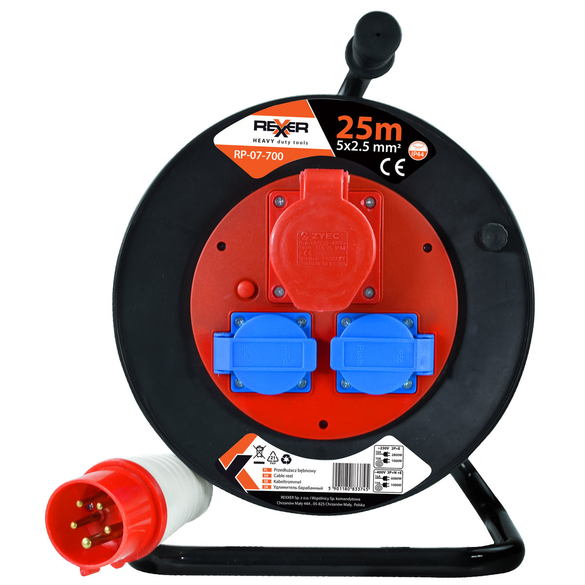 Przedłużacz Na Plastikowym Bębnie 25 M 5X2,5 Mm 400 V Ip44