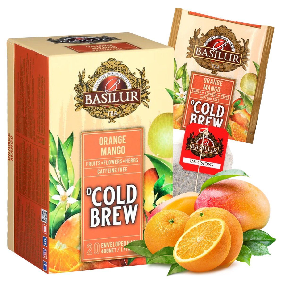 BASILUR Cold Brew - Owocowa herbata bezkofeinowa z aromatem mango i cytrusów, herbata na zimno w saszetkach 20 x 2 g 1 sztuka