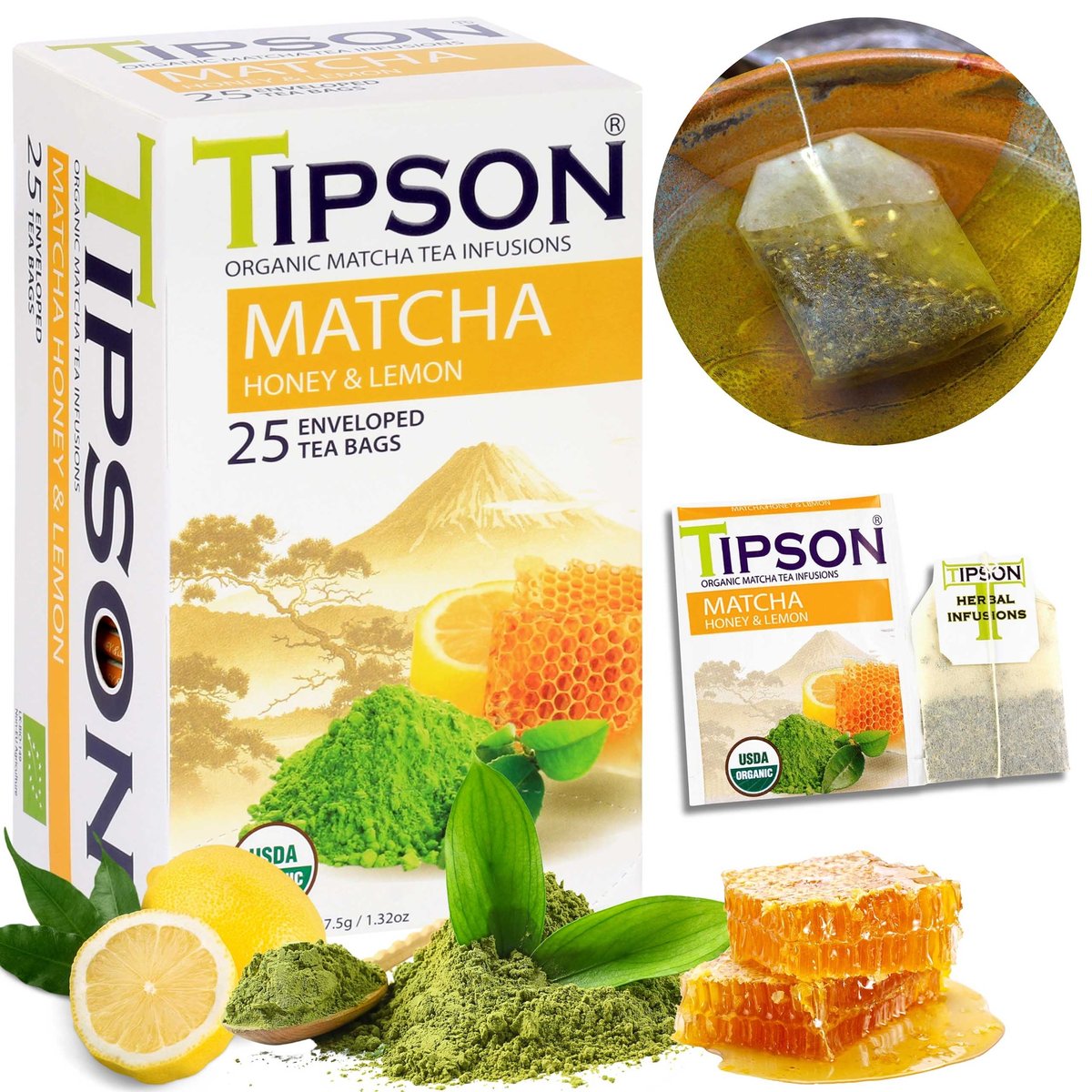 Tipson Matcha - Organiczna herbata cytryna i miód w saszetkach, NATURALNA, 25x1,5g