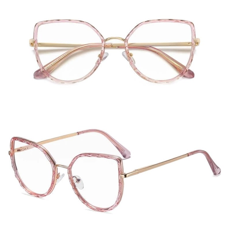 Damskie kocie okulary zerówki do komputera BLUE LIGHT z flexami 25137D pink/gold