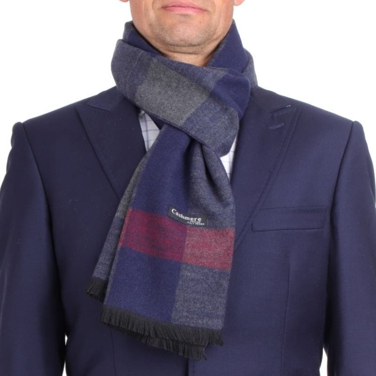 Ciepły szalik męski Cashmere w kratę SZA-14 granatowo-szary