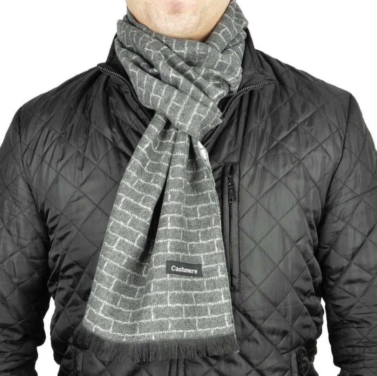 Ciepły szalik męski Cashmere geometryczny SZA-35 ciemny szary-jasny szary