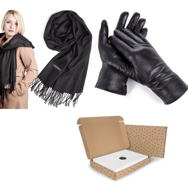 ZESTAW na PREZENT DLA KOBIETY - Rękawiczki skórzane + Szalik Cashmere + eleganckie Pudełko