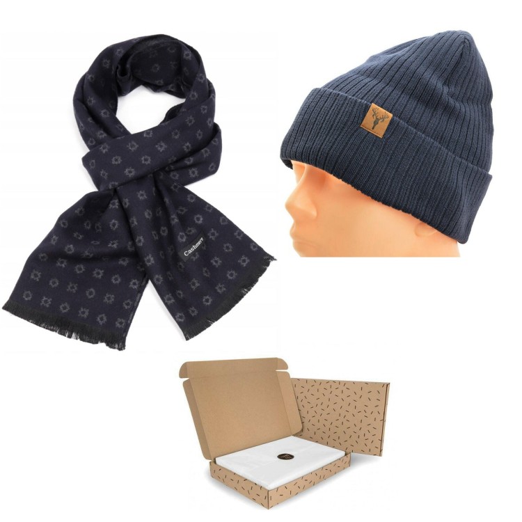 ZESTAW PREZENTOWY dla Mężczyzny - Czapka Zimowa + Szalik Cashmere + eleganckie Pudełko