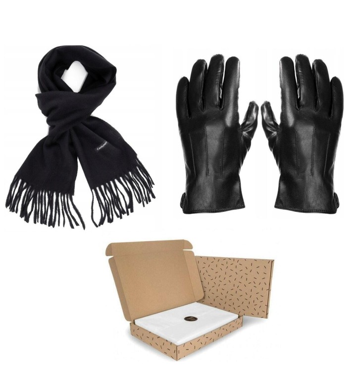 ZESTAW PREZENTOWY dla Mężczyzny - Rękawiczki skórzane + Szalik Cashmere + eleganckie Pudełko