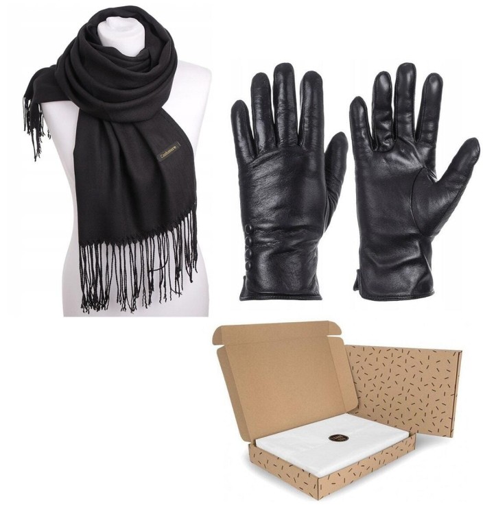 ZESTAW na PREZENT DLA KOBIETY - Rękawiczki skórzane + Szalik Cashmere + eleganckie Pudełko