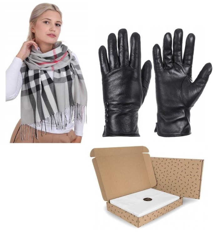 ZESTAW na PREZENT DLA KOBIETY - Rękawiczki skórzane + Szalik Cashmere + eleganckie Pudełko