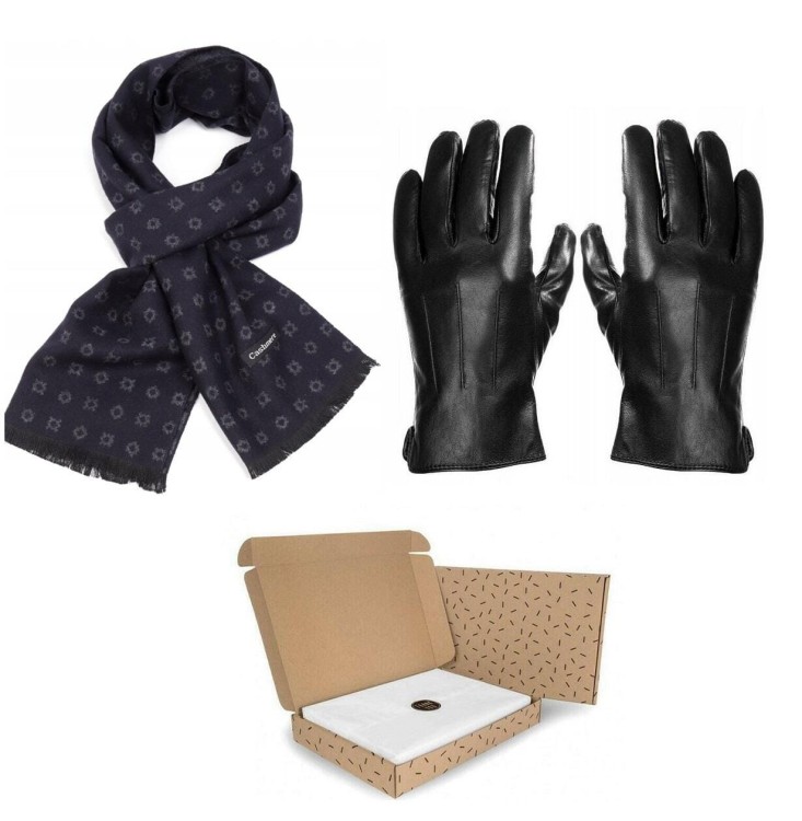 ZESTAW PREZENTOWY dla Mężczyzny - Rękawiczki skórzane + Szalik Cashmere + eleganckie Pudełko