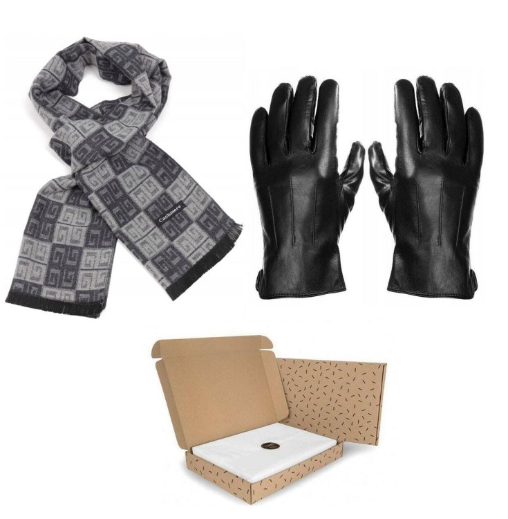 ZESTAW PREZENTOWY dla Mężczyzny - Rękawiczki skórzane + Szalik Cashmere + eleganckie Pudełko