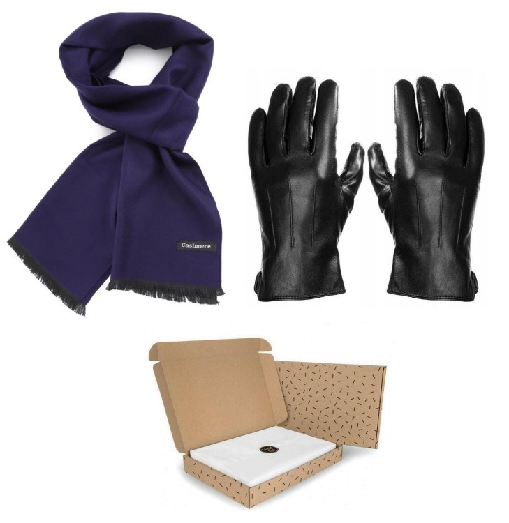 ZESTAW PREZENTOWY dla Mężczyzny - Rękawiczki skórzane + Szalik Cashmere + eleganckie Pudełko