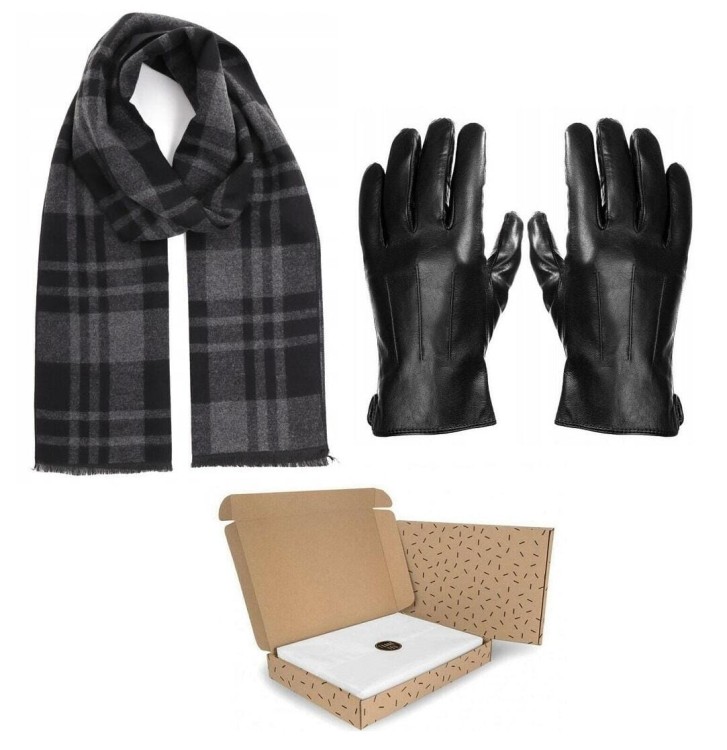ZESTAW PREZENTOWY dla Mężczyzny - Rękawiczki skórzane + Szalik Cashmere + eleganckie Pudełko