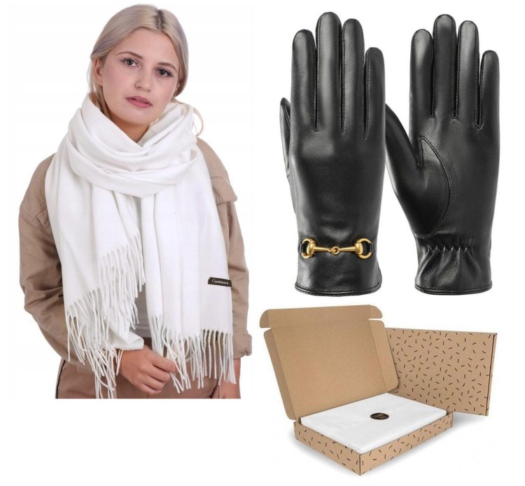 ZESTAW na PREZENT DLA KOBIETY - Rękawiczki skórzane + Szalik Cashmere + eleganckie Pudełko