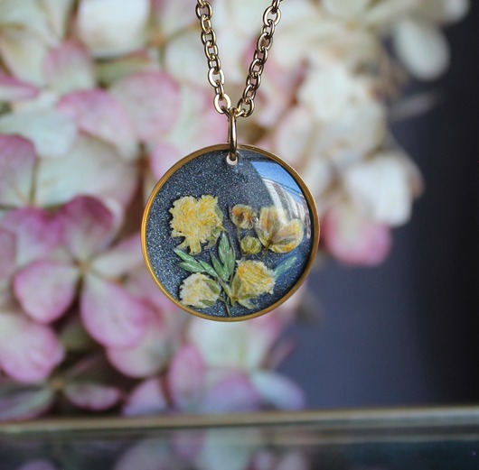 Gwiaździsta Noc Złoty wisiorek złota zawieszka naszyjnik suszone kwiatów