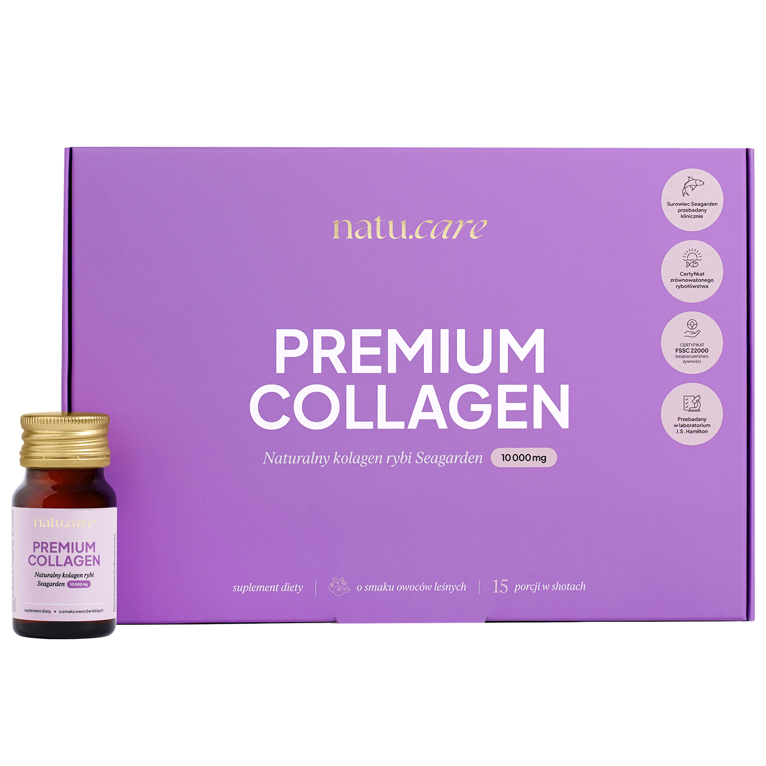Natu.Care Premium Collagen Shot 10000 mg, smak owoców leśnych, 30 ml x 15 sztuk USZKODZONE OPAKOWANIE