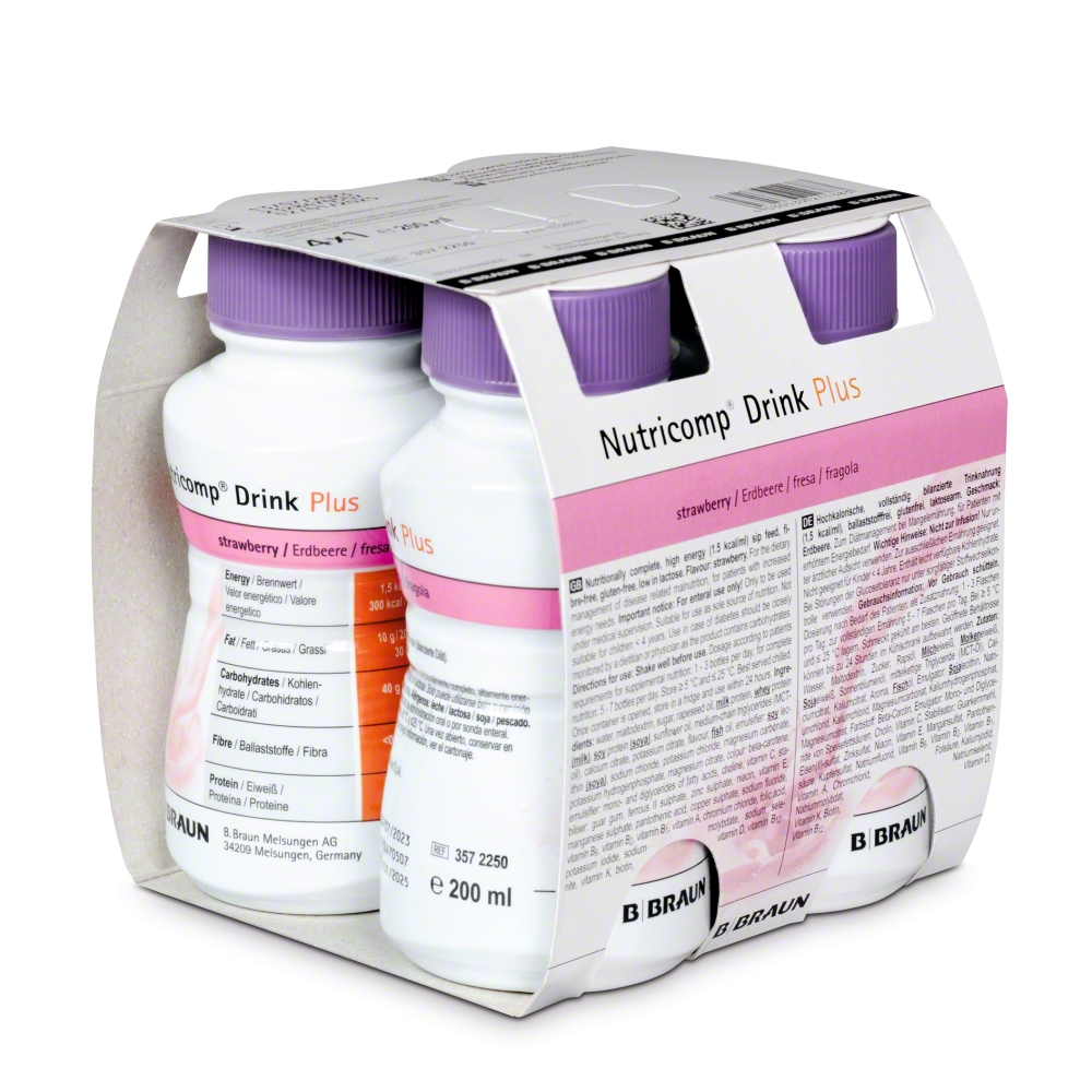 Nutricomp Drink Plus, preparat odżywczy, smak truskawkowy, 4 x 200 ml USZKODZONE OPAKOWANIE